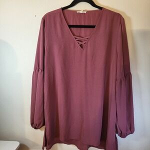 Maurices Women's Mauve Pink Long Sleeve Lattice V Neck Peasant  Blouse Top L